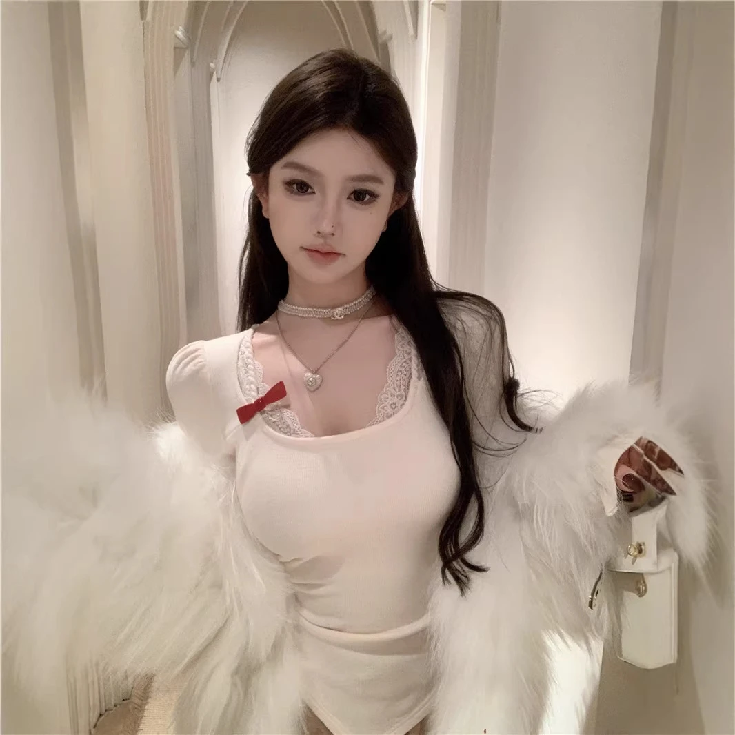 2025实拍蕾丝拼接假两件百搭短款打底衫秋冬内搭显瘦