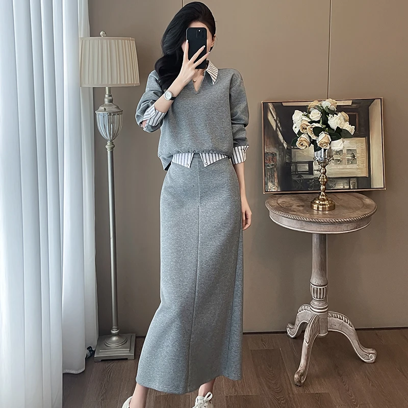 通勤风时尚套装女装2025春季韩版气质灰色假两件上衣半身裙两件套