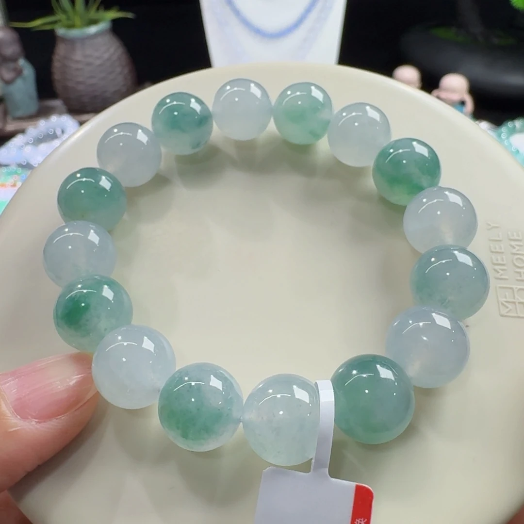 翡翠未镶嵌手链冰胶飘花配白月光单圈12.5mm