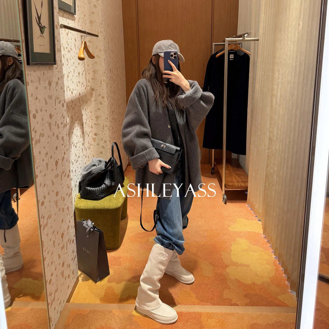 【ASHLEYASS】满分绵羊毛毛呢中长款大衣V领极简主义外套LSS241838S