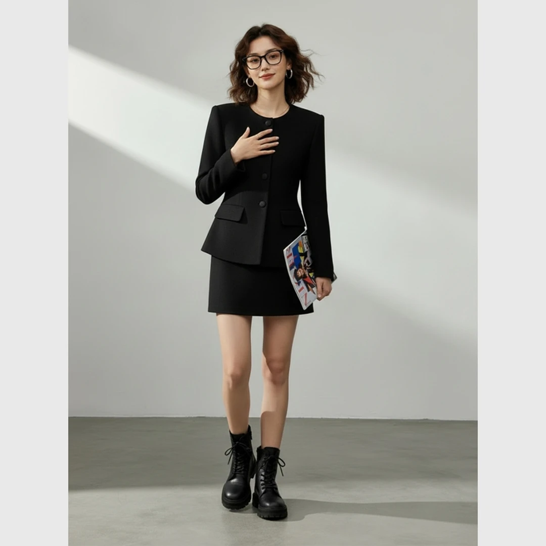 法式赫本风厚黑穿搭套装女冬季新款小个子加厚毛呢外套短裙两件套