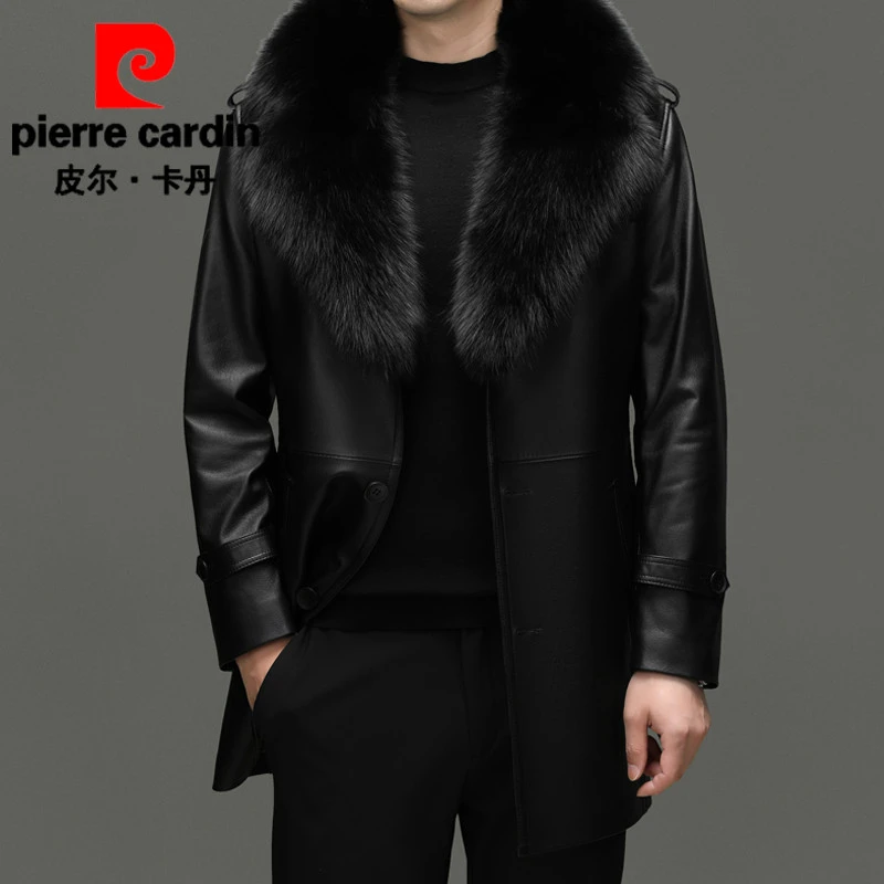 皮尔卡丹真皮皮衣头层牛皮加绒风衣爸爸男款装时尚休闲外套皮大衣