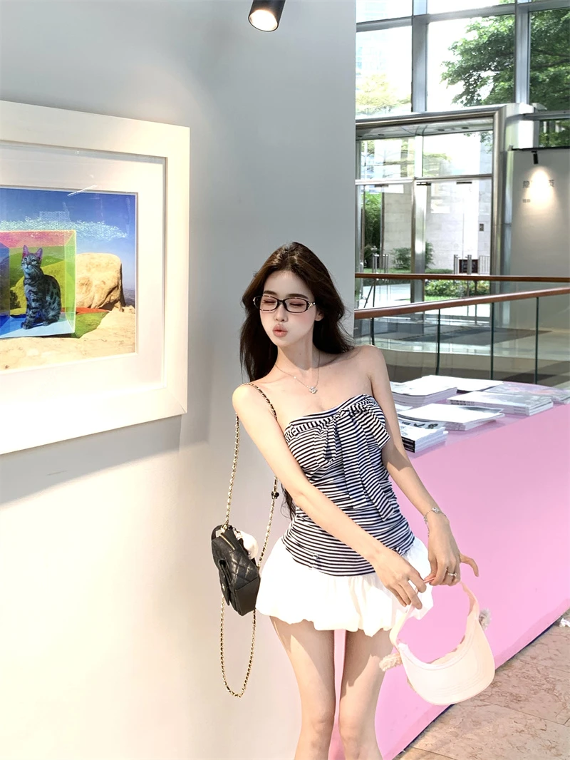 复古条纹蝴蝶结辣妹抹胸花苞连衣裙小众修身显瘦短裙子
