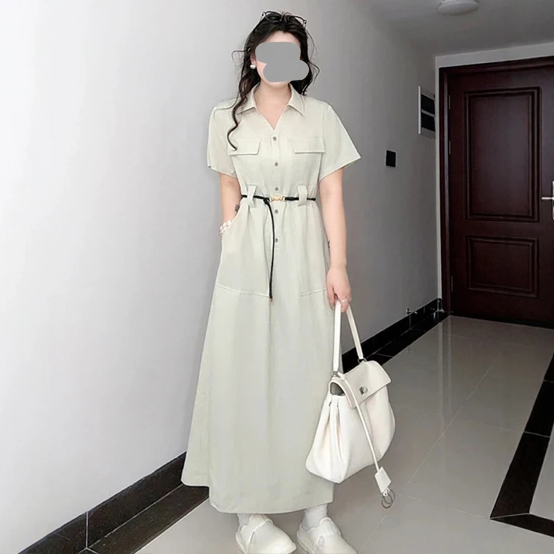 工装风Polo领带口袋连衣裙夏大码胖mm梨型身材收腰遮肚子休闲长裙