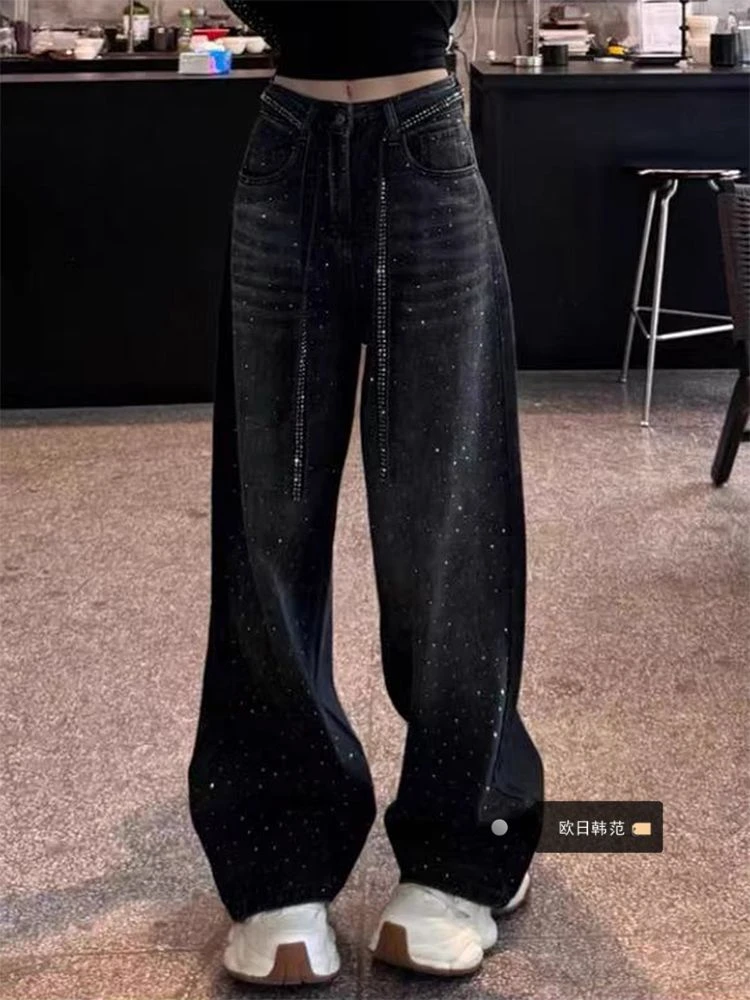 大码黑色高腰烫钻阔腿牛仔裤女夏季2025新款满天星设计显瘦拖地裤