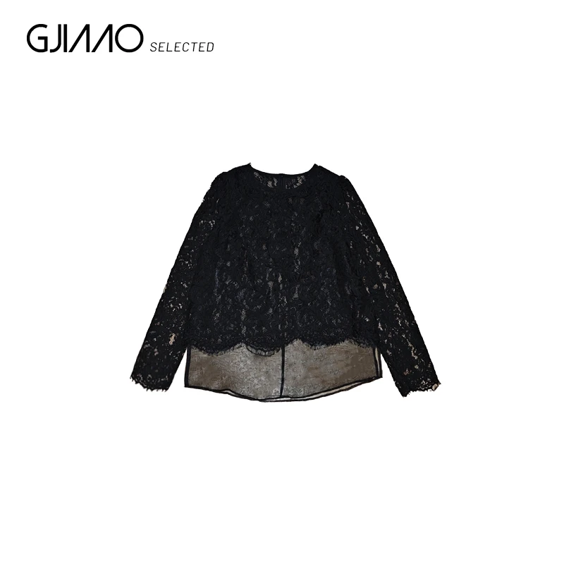 051 雪纺边后开叉假两件蕾丝衫