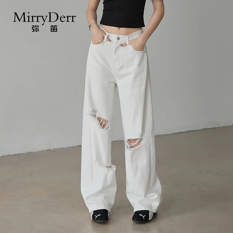 MirryDerr/弥笛白色纯棉破洞牛仔裤女2025夏季新款高腰垂感阔腿裤
