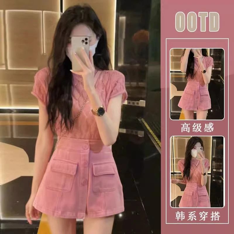 单件/法式气质镂空短袖针织衫装女夏季高腰显瘦牛仔短裤装潮