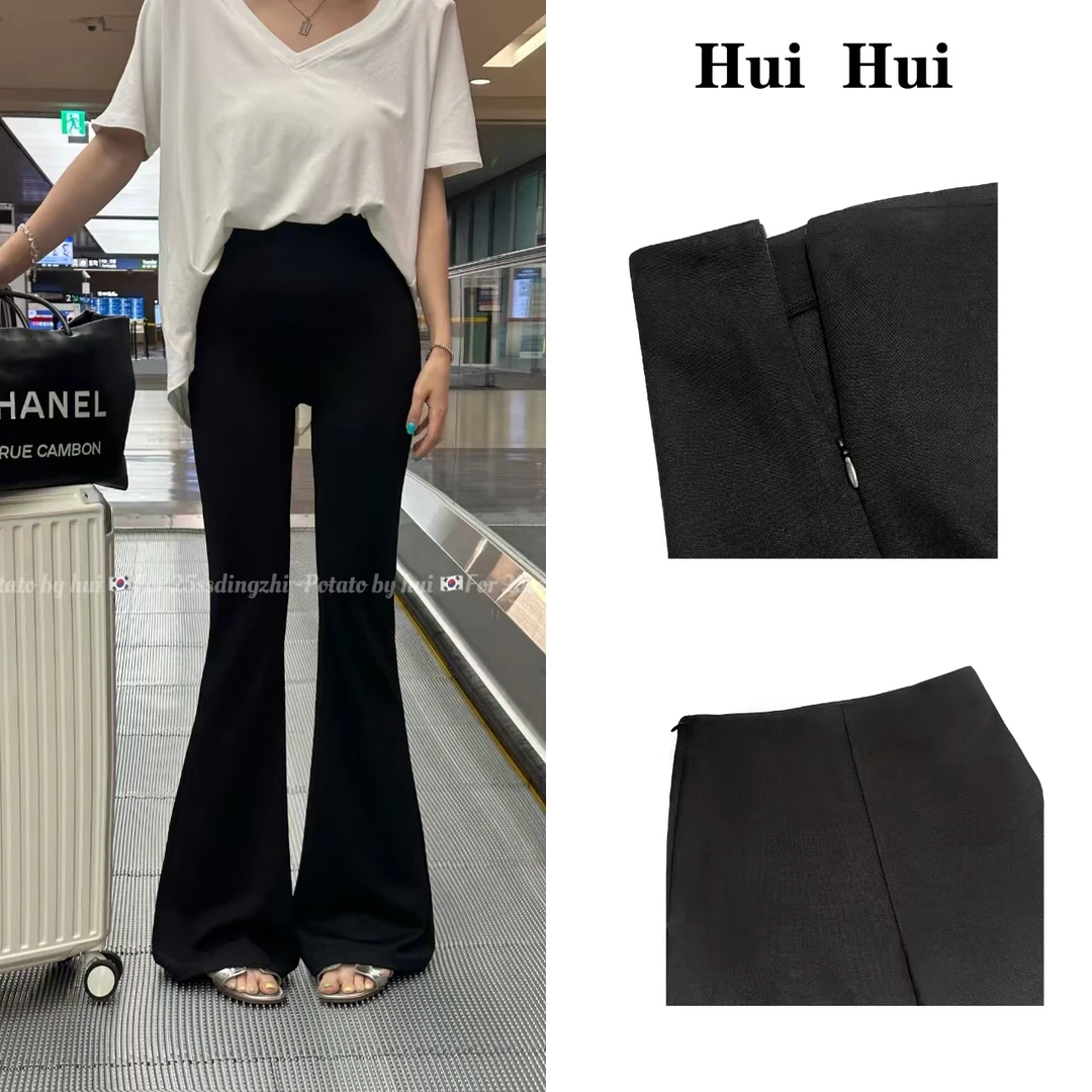 【HuiHui】韩国东大门高腰辣妹风微喇西装小黑裤夏季百搭（H8303）