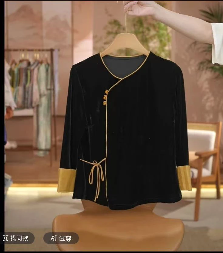 秋季新中式国风丝绒拼接打底衫女时尚气质复古百搭圆领长袖T恤女