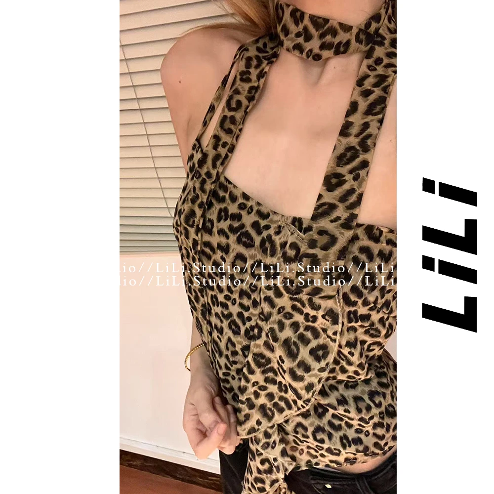 【李里家福利】涩谷辣妹豹纹挂脖飘带背心9139