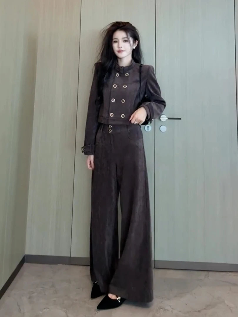 秋冬季老钱风棕色短款上衣穿搭高腰显瘦休闲裤子减龄两件套装女