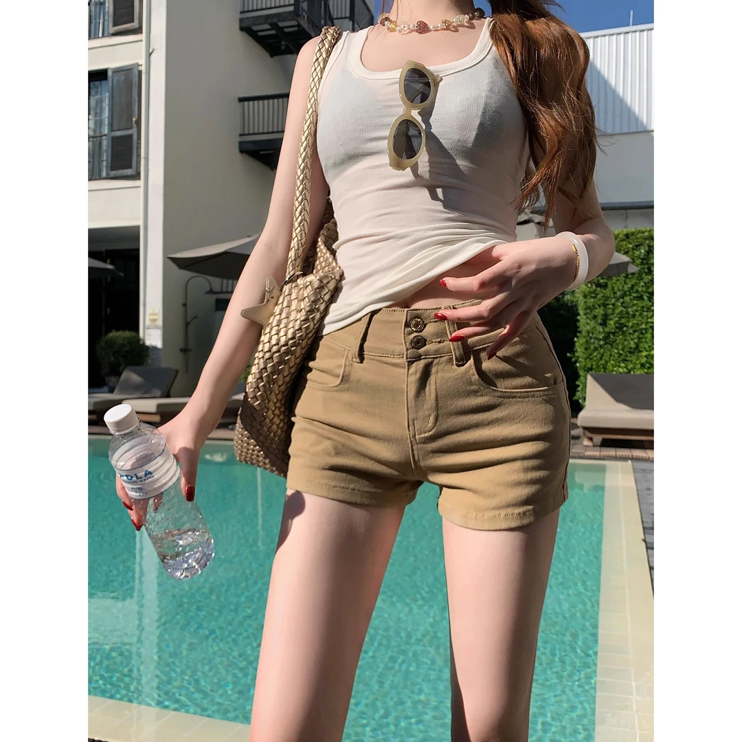 雪千羽弹力牛仔短裤休闲裤女装夏季低腰辣妹修身直筒裤包臀热裤子