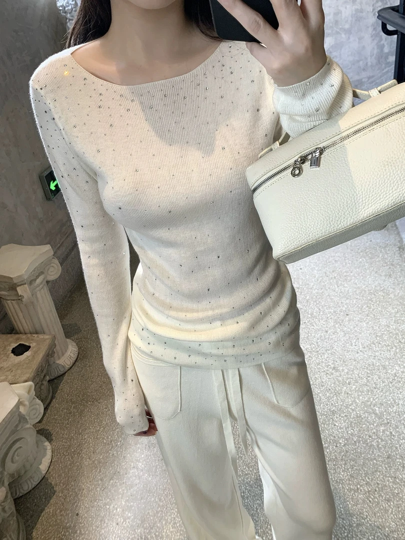 法式气质内搭长袖打底衫露肩钉钻毛针织衫上衣