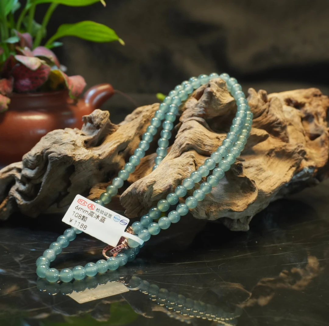 女生配饰天然a货翡翠卡6mm高冰蓝项链妈妈女士长链珠珠极光