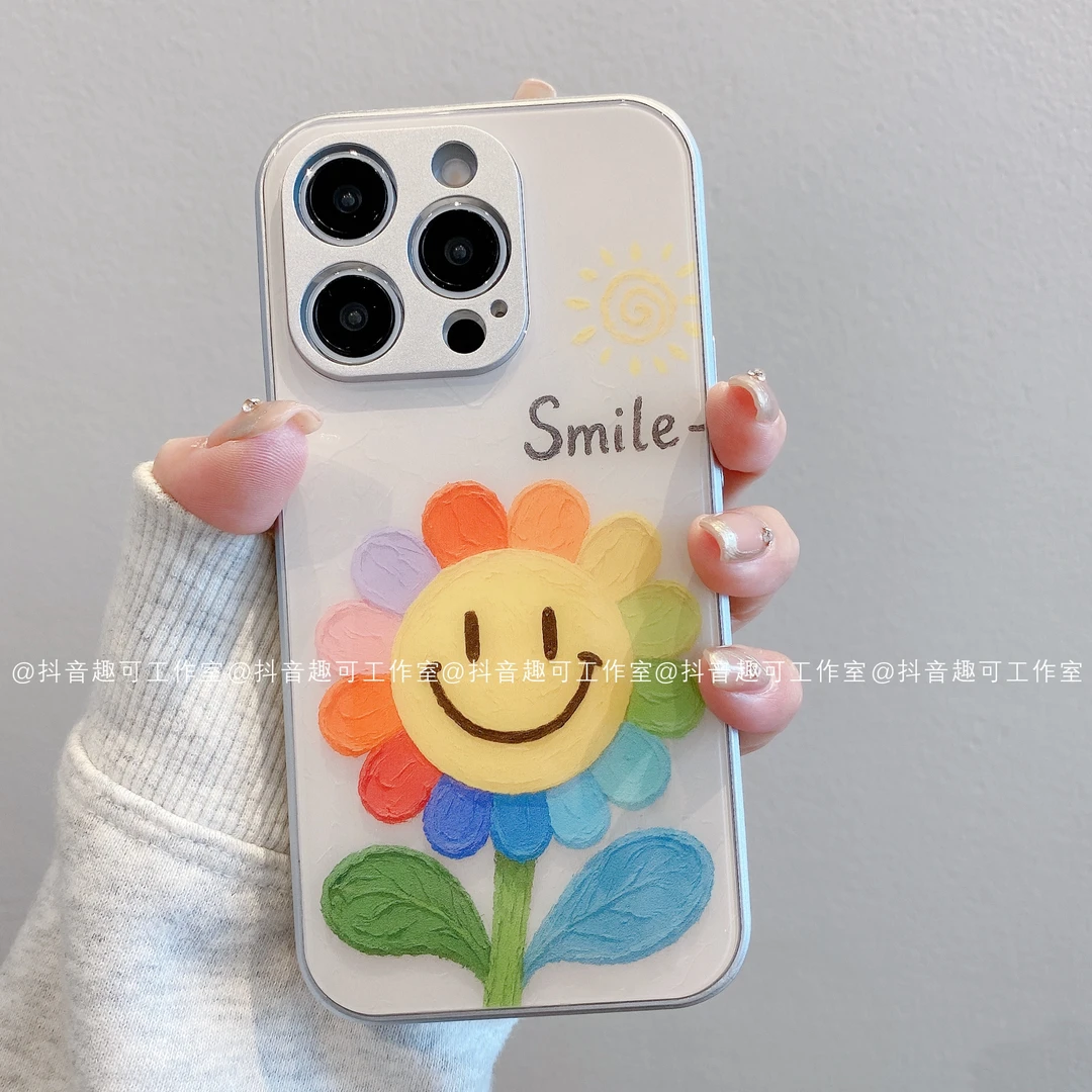 （苹果）金属漆玻璃适用iphone16pro15/14/13/12/11彩虹花朵手机壳