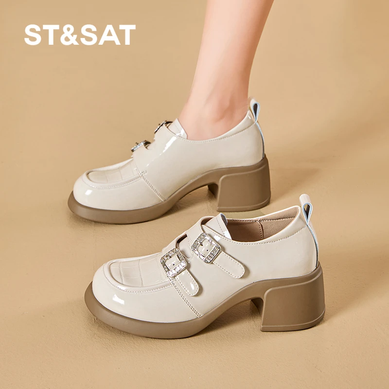 星期六2025春季新款女鞋粗跟小皮鞋乐福鞋时尚高跟百搭休闲风通勤