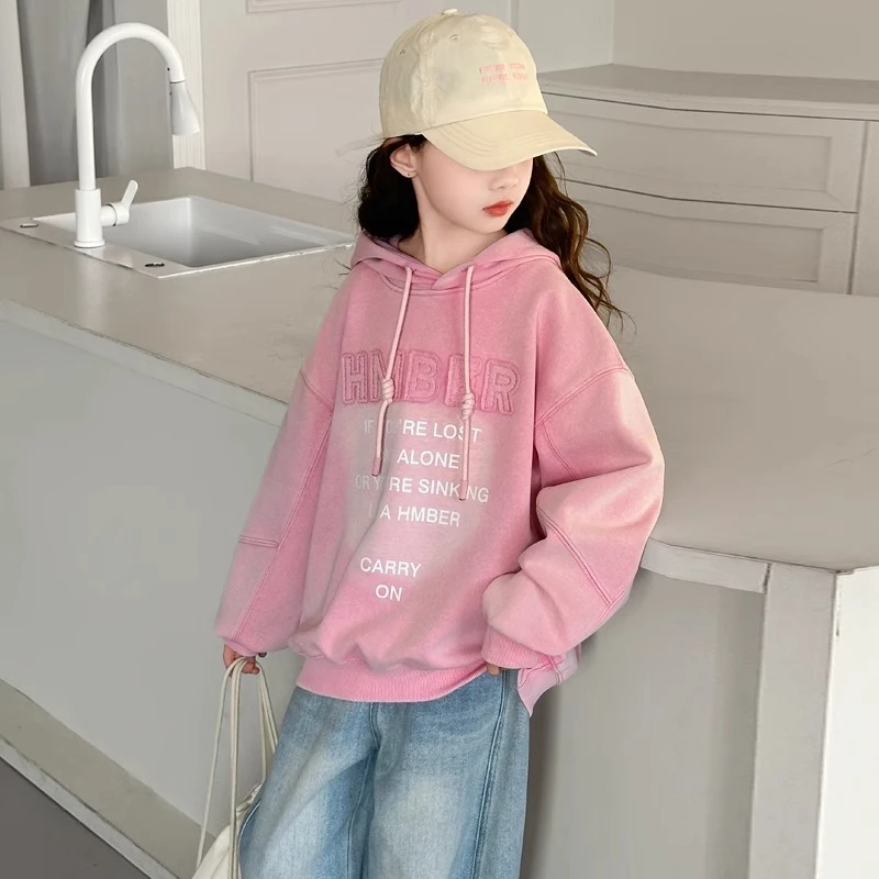 女童宽松连帽卫衣秋装2025新款儿童潮酷穿搭中大童秋季多巴胺上衣
