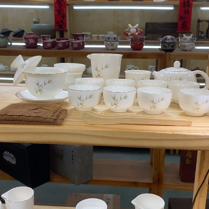 竹报平安羊脂玉茶具大套装