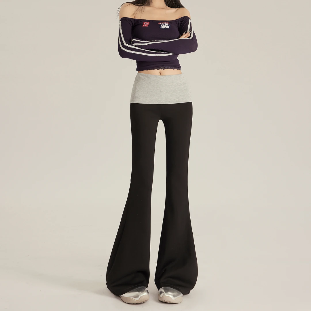 余一一studio黑色拼接微喇叭裤女新款设计感修身显瘦拖地休闲裤春