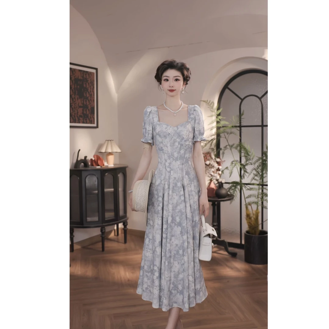 【薇宝儿-婷婷】-冰蓝水仙新款气质显瘦收腰法式连衣裙-52147K