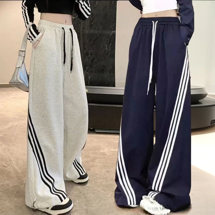 高街美式休闲三条杠阔腿卫裤2025女童春款裤子