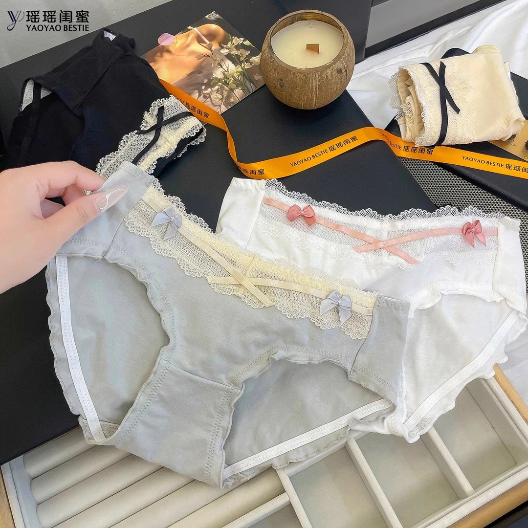 瑶瑶闺蜜法式甜美纯棉内裤蝴蝶结蕾丝花边纯欲风中腰纯棉档三角裤
