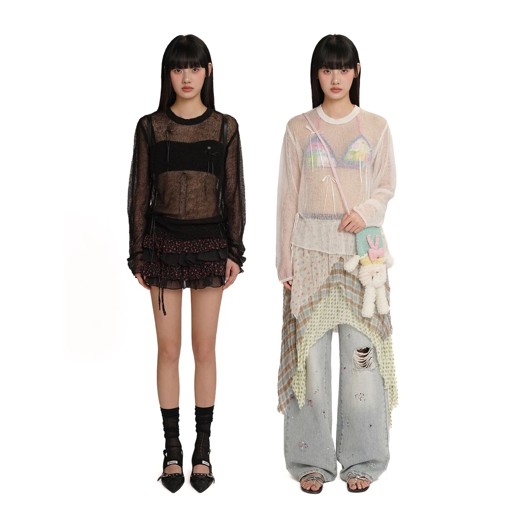 Moromoro 超细马海毛镂空透感蝴蝶结流苏夏季罩衫上衣（双版本）