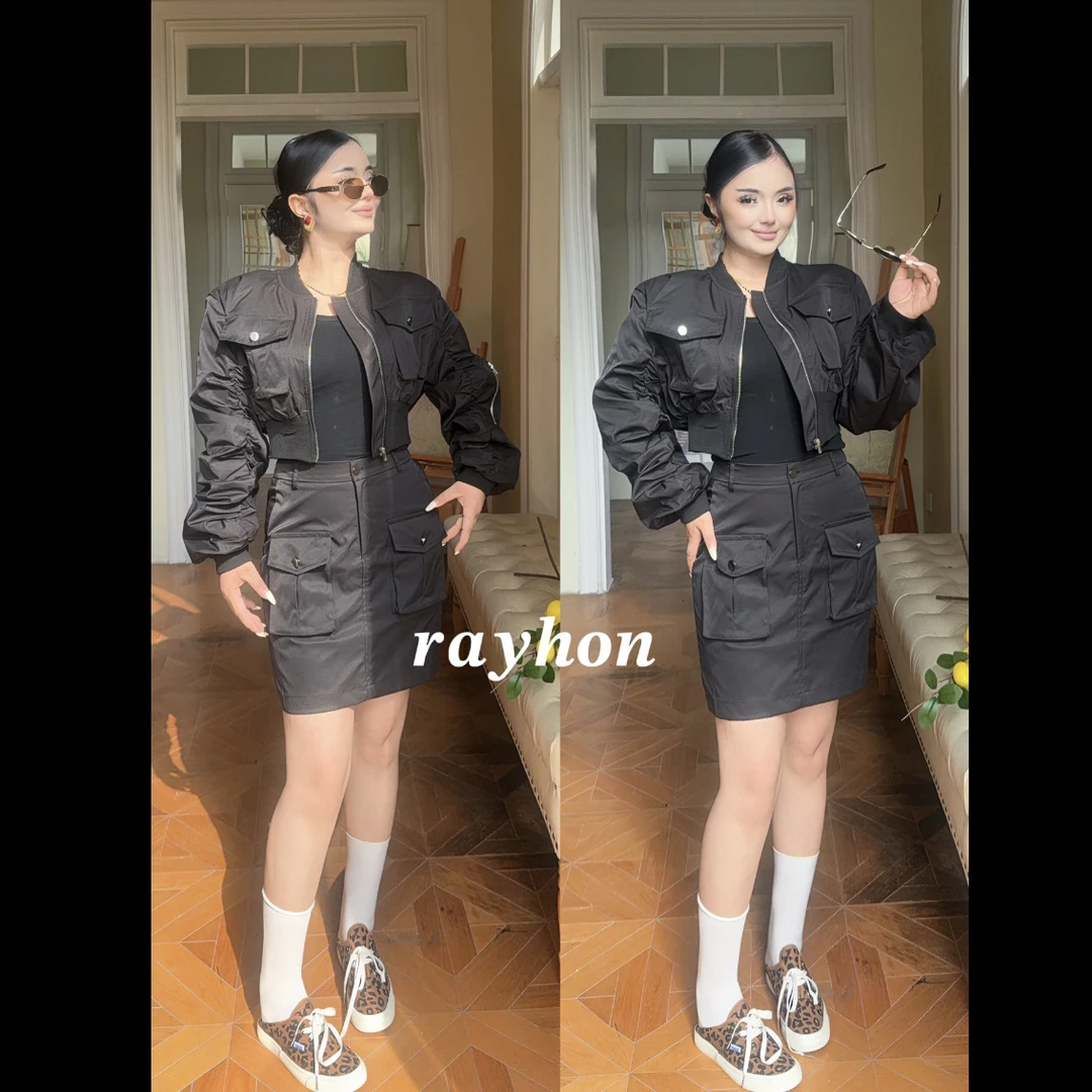 时尚立领褶皱袖子短款棒球服工装风格外套搭配高腰短裙套装