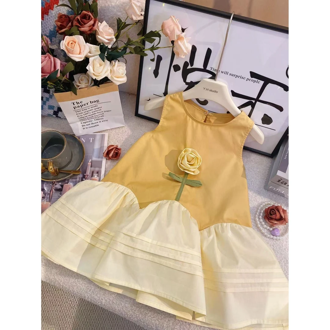 SH女童无袖爆款糖果黄小花朵连衣裙高级童装夏装学院风公主裙8618
