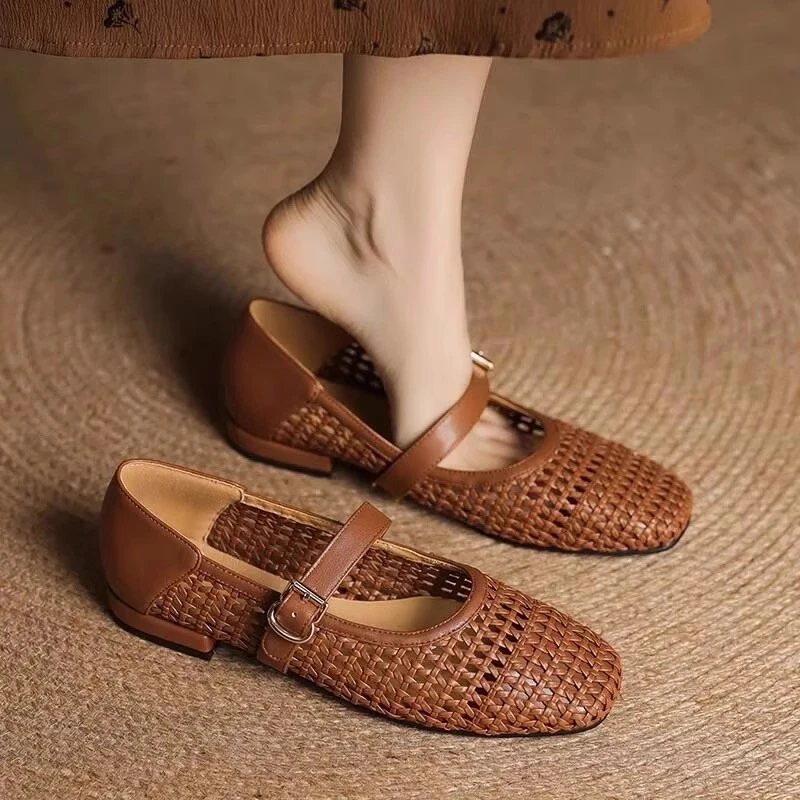 真皮复古编织平底镂空一字带玛丽珍单鞋女2025新款软底包头凉鞋夏