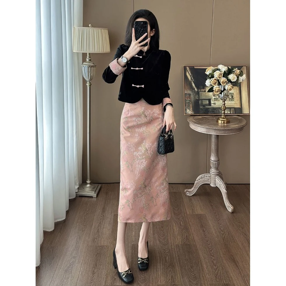 春季减龄风盘扣显瘦秋季半身裙两件套女御姐气质新中式国风套装裙