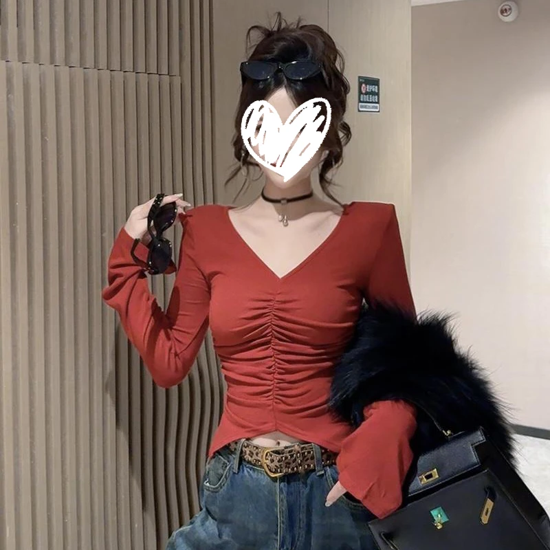 不规则开叉长袖打底衫女2025早秋新款纯欲甜辣妹设计感小众V领T恤