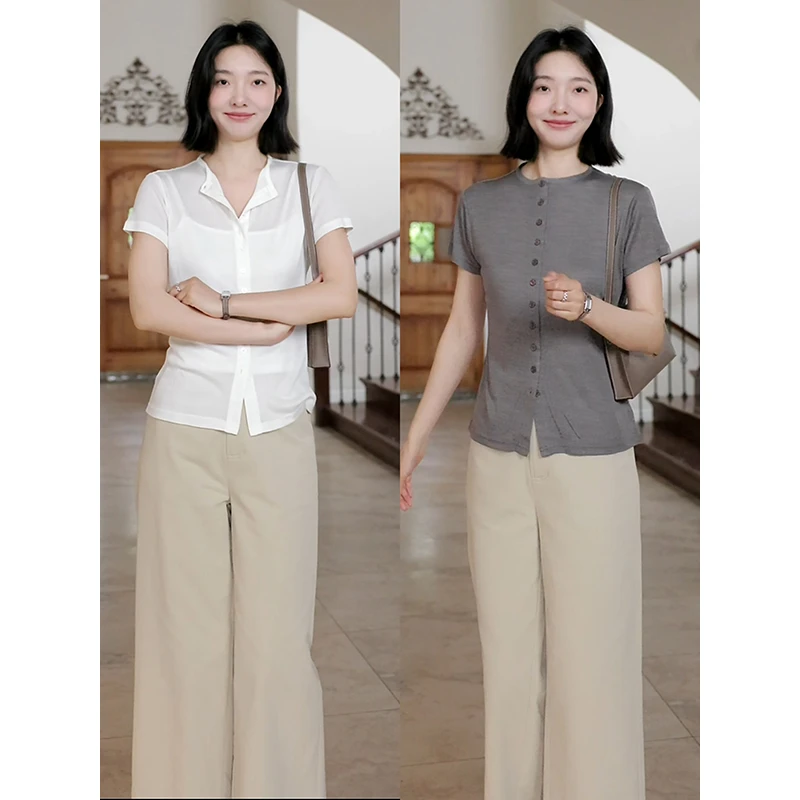 郭九九呢 桑蚕丝天丝气质百搭立领小翻领两穿短袖T恤 G925X06296