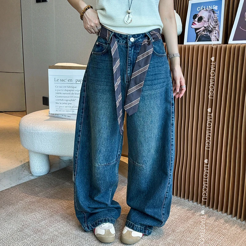 复古做旧拖地阔腿牛仔裤女欧洲站早秋新款欧货女装直筒裤子潮裤子