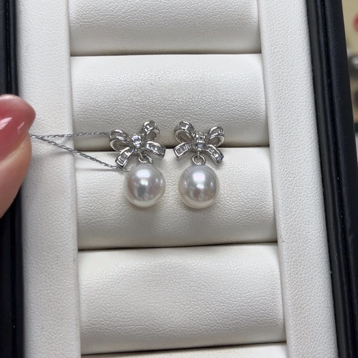 银S925镶嵌耳饰海水珍珠澳白8-9mm49号