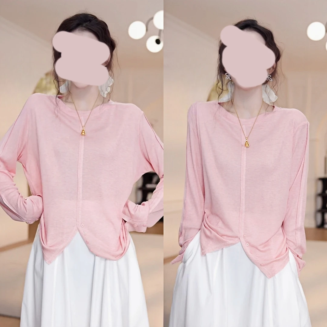 夏季百搭纯色防晒长袖t恤白色夏季宽松ins圆领设计感上衣