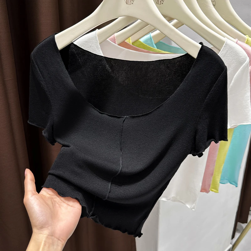 纯欲风黑色低胸露锁骨大圆领短袖打底衫女夏季内搭短款木耳边上衣