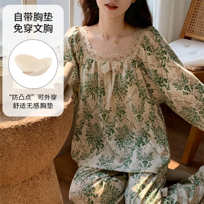芯语婷春秋季新款带胸垫绿野仙踪女云朵泡泡纱睡衣长袖家居服套装