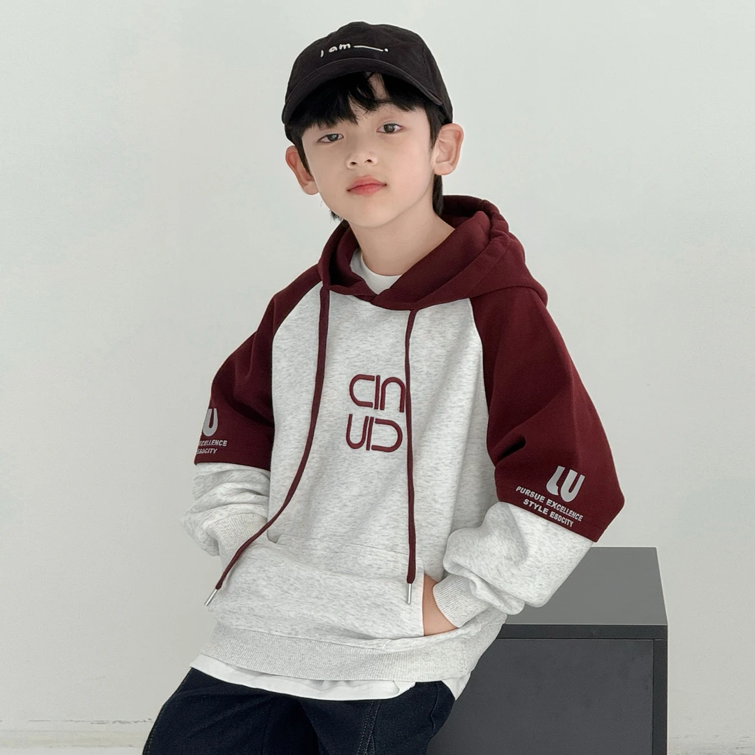 男童拼色字母连帽卫衣春秋款2025新款儿童韩版休闲上衣中大童15岁