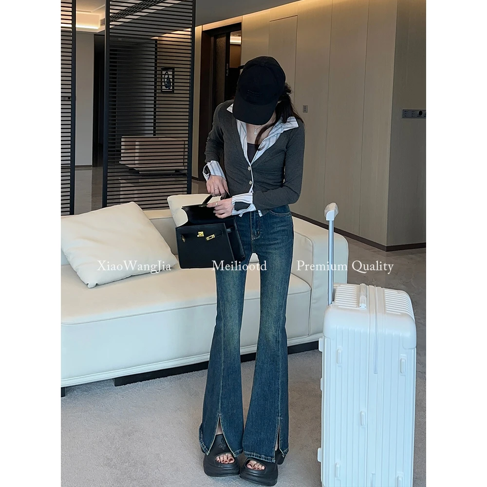 小王家/MEILI微喇牛仔裤阔腿裤微喇裤高腰显瘦喇叭裤开叉复古设计
