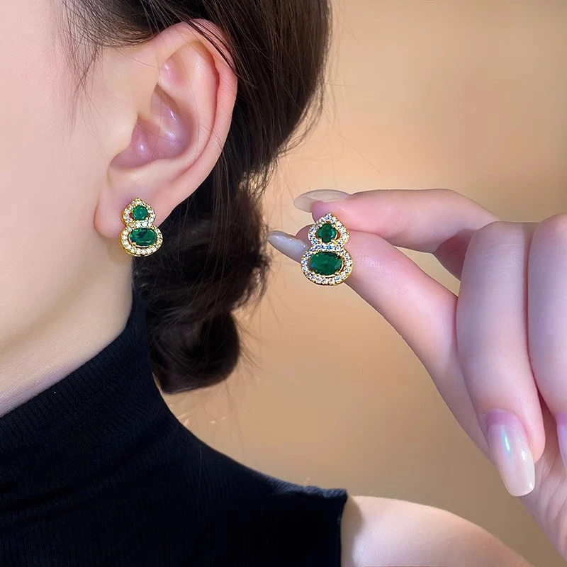 铜合金锆石耳饰 新中式锆石葫芦耳环女小众高级感耳夹精致耳饰