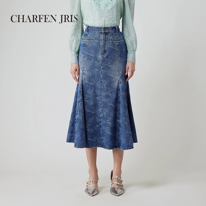 【媛媛专享】朝峰秋季高腰显瘦提花牛仔鱼尾半身裙FJE3B616-6025S