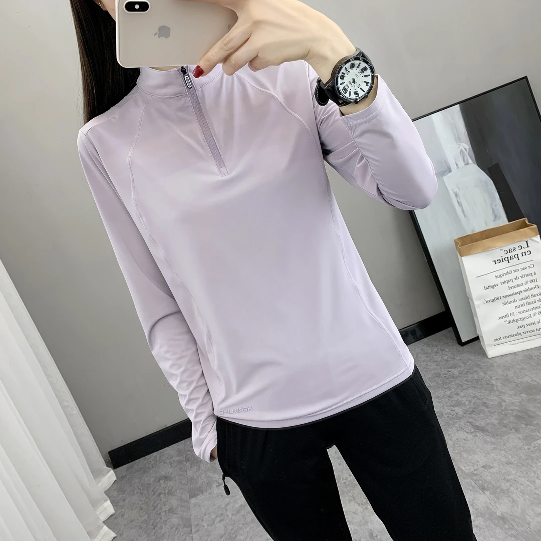 户外运动冰丝速干衣女长袖立领透气弹力防晒徒步健身快干排汗上衣