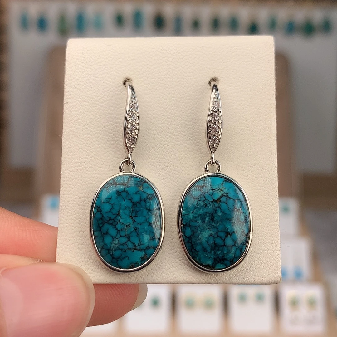 绿松石银S925镶嵌耳饰