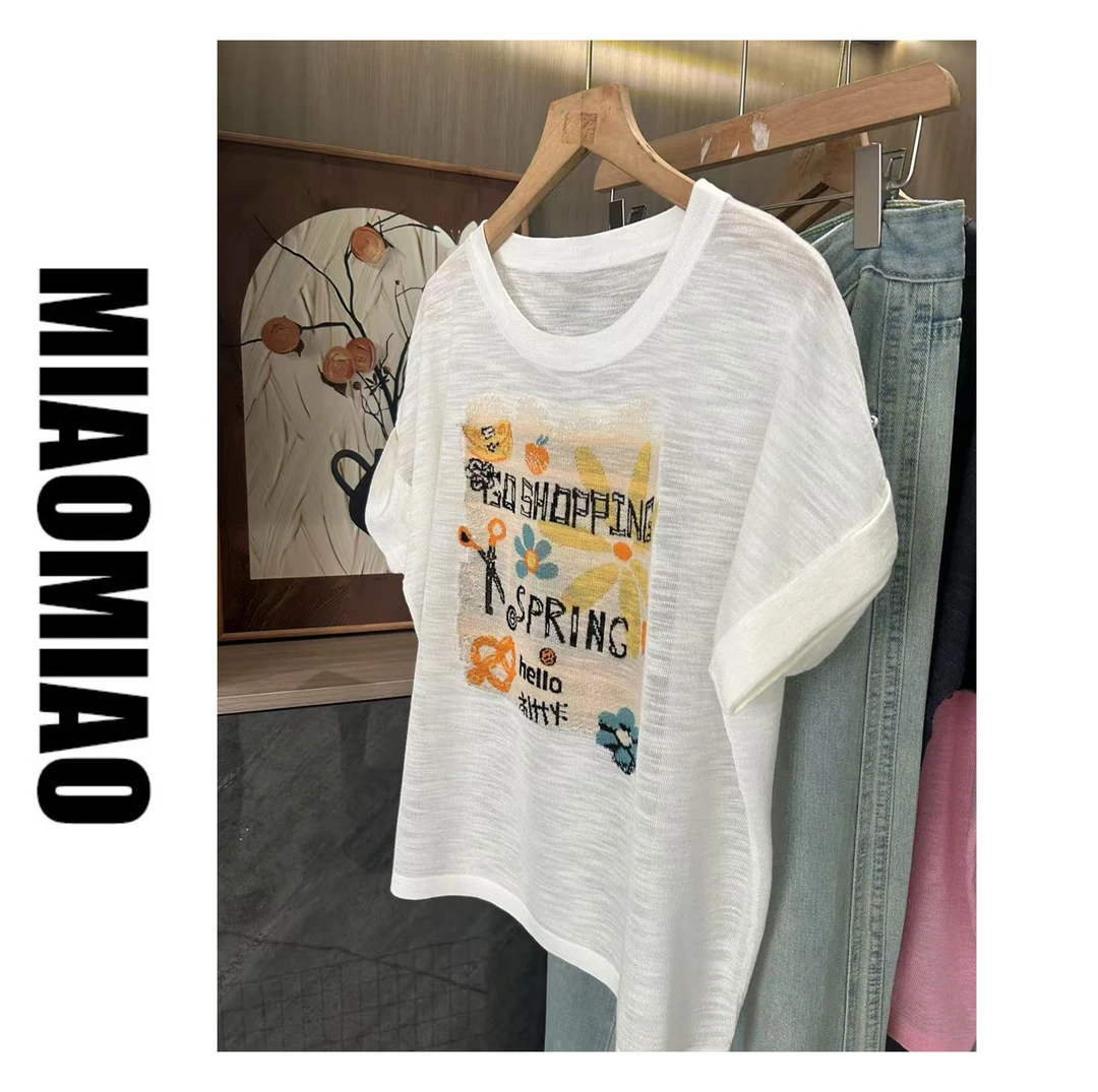 大码女装竹节麻花朵字母提花针织衫短袖夏季宽松薄款体恤上衣2877