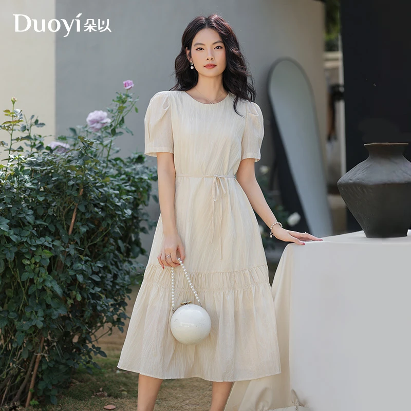 朵以2025夏季温柔气质圆领泡泡袖绑带褶皱宽松连衣裙39DX837183