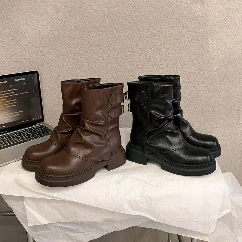 秋冬新款韩版通勤瘦瘦简约粗跟裸靴短靴605-10(不加绒)