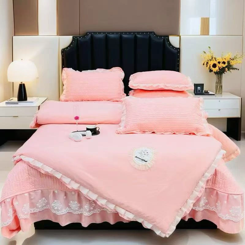 【床盖四件套】纯色针织双层纱床盖四件套韩版公主风被套四季通用