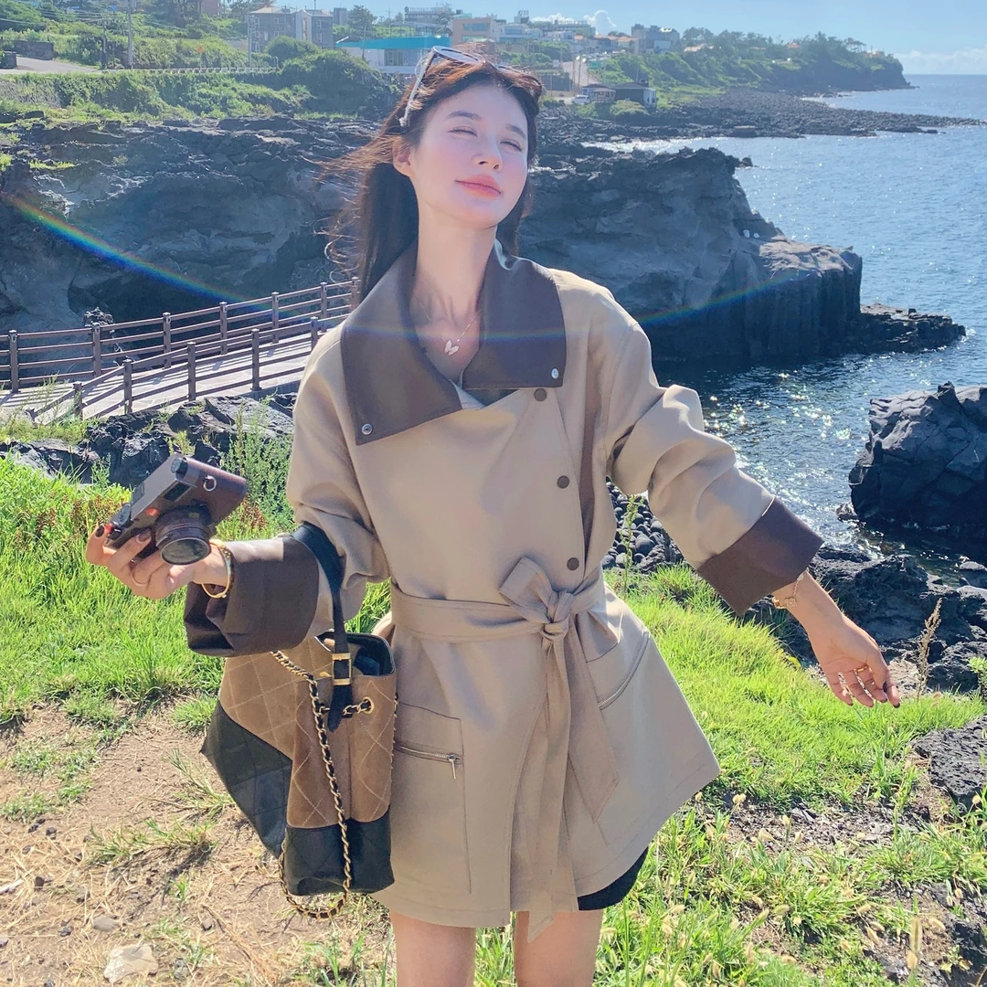 百搭韩版PU皮翻领宽松风衣外套女2025秋新款高级感气质时尚大衣